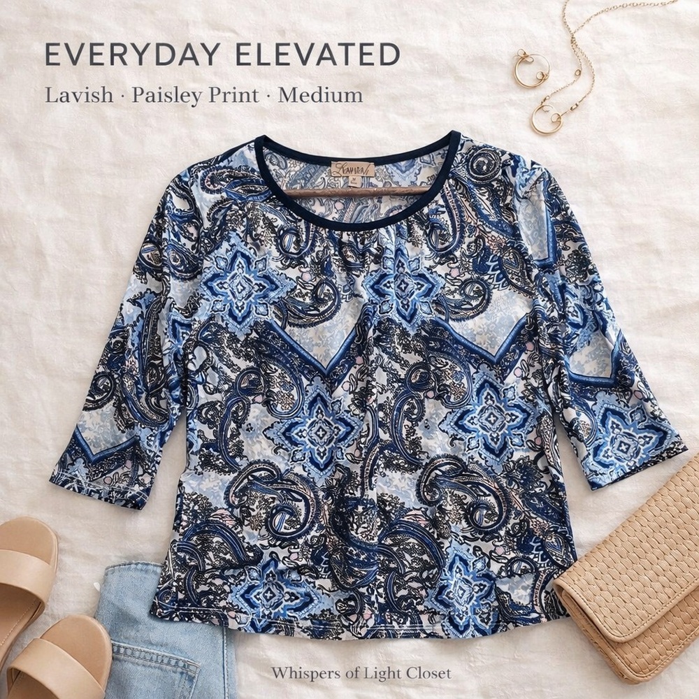 ✨ Blue Paisley Elbow Sleeve Blouse | Soft Stretch | Size Medium